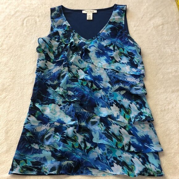 WHBM Ruffled Flowy Sleeveless Blue Floral Top Blouse Size X-Small - Picture 3 of 9